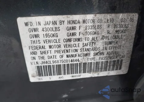 2005 Acura Tsx z USA, uszkodzony, nr VIN JH4CL96875C014844